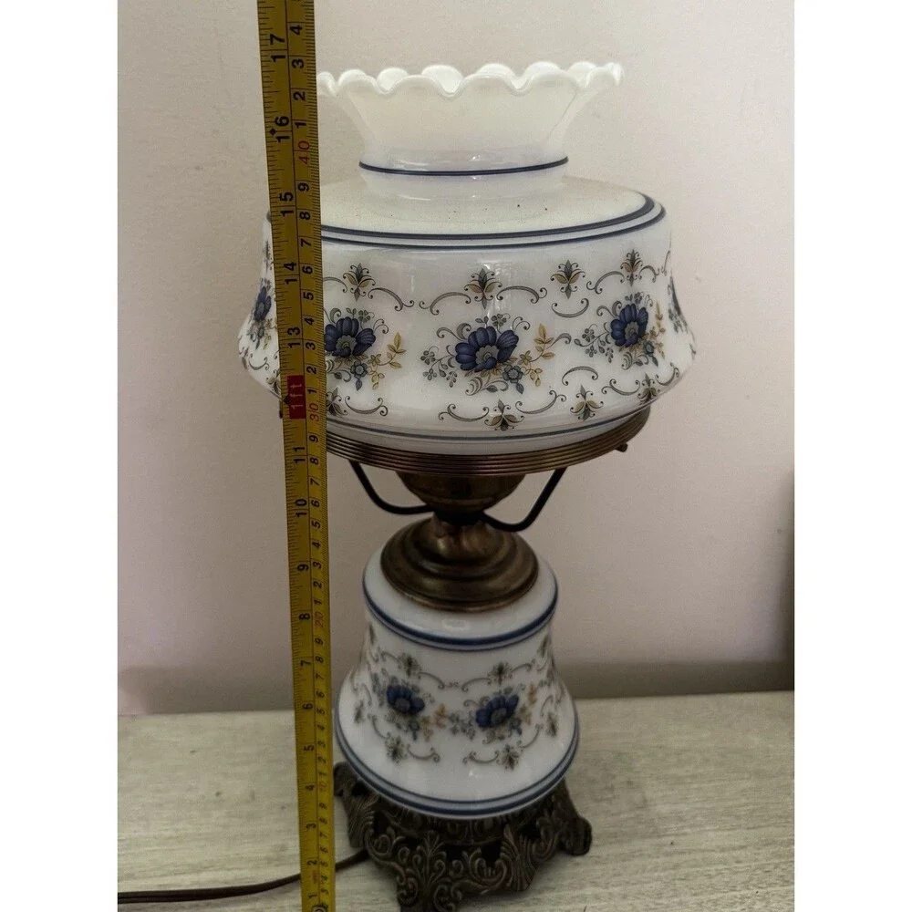 Vintage Quoizel Model 1960 Gone with the Wind Lamp Blue Floral Milk Glass Parlor